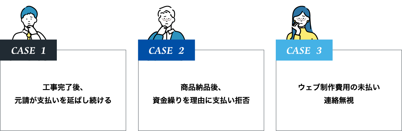 case1 工事完了後、元請が支払いを延ばし続ける case2 商品納品後、資金繰りを理由に支払い拒否