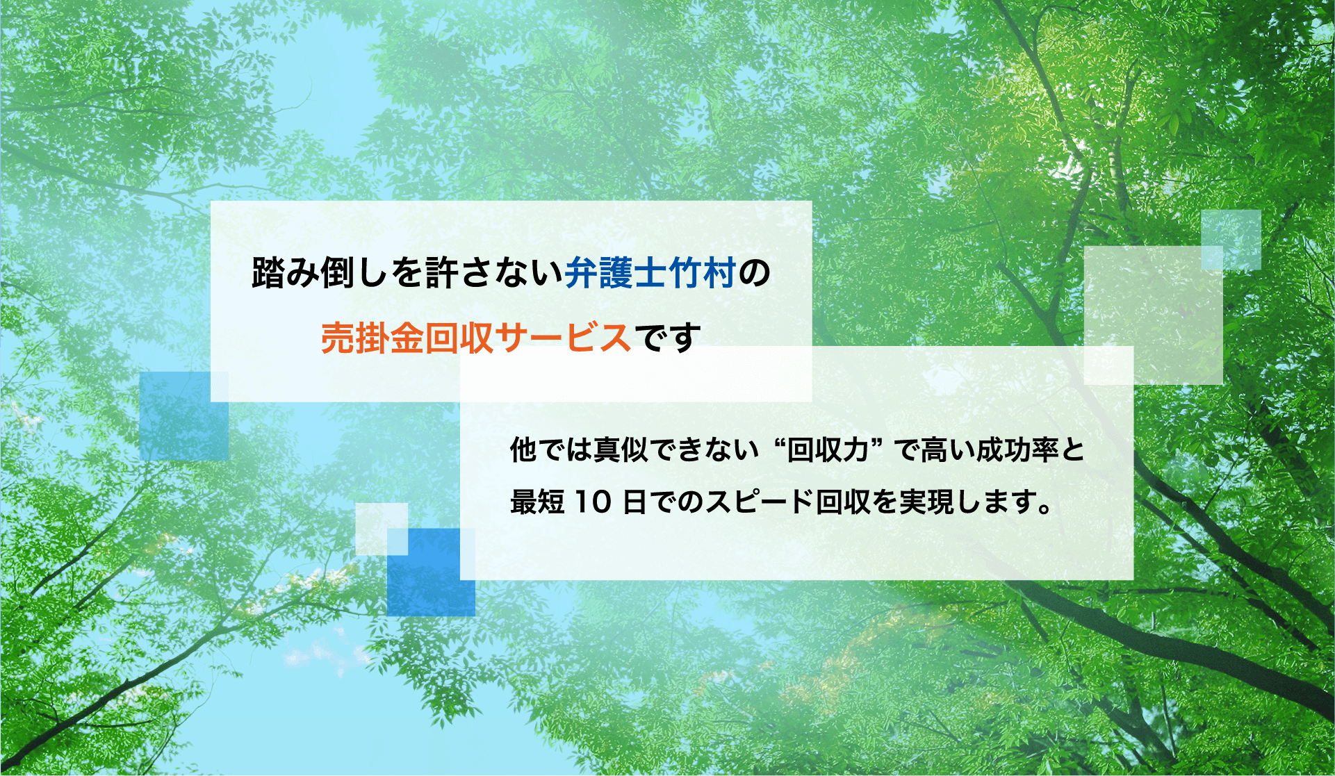 踏み倒しを許さない弁護士竹村の売掛金サービスです。 他では真似できない”回収力”で高い成功率と最短１０日間でのスピード回収を実現します。